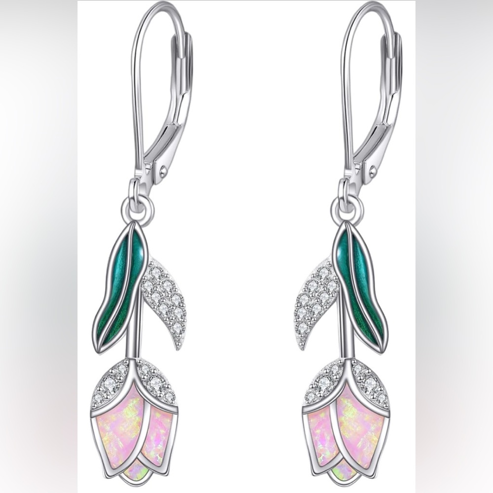 925 Sterling Silver Elegant Silver and Pink Floral Drop Earrings